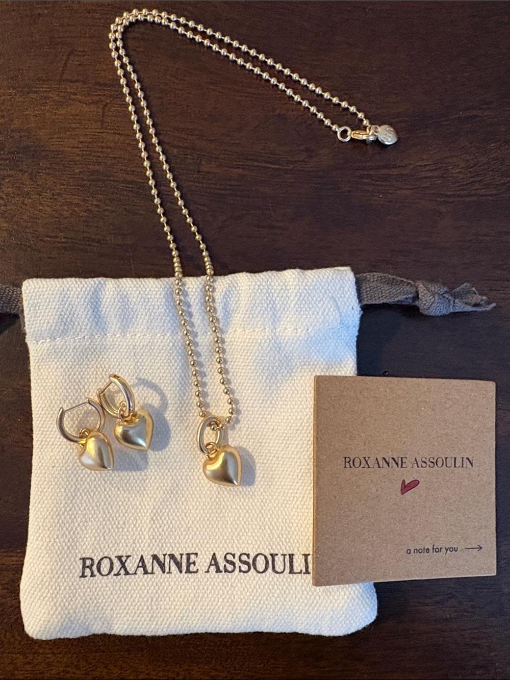 Roxanne Assoulin Set of Itsy Bitsy Puffy Heart Gold Necklace & Earrings ~ New!